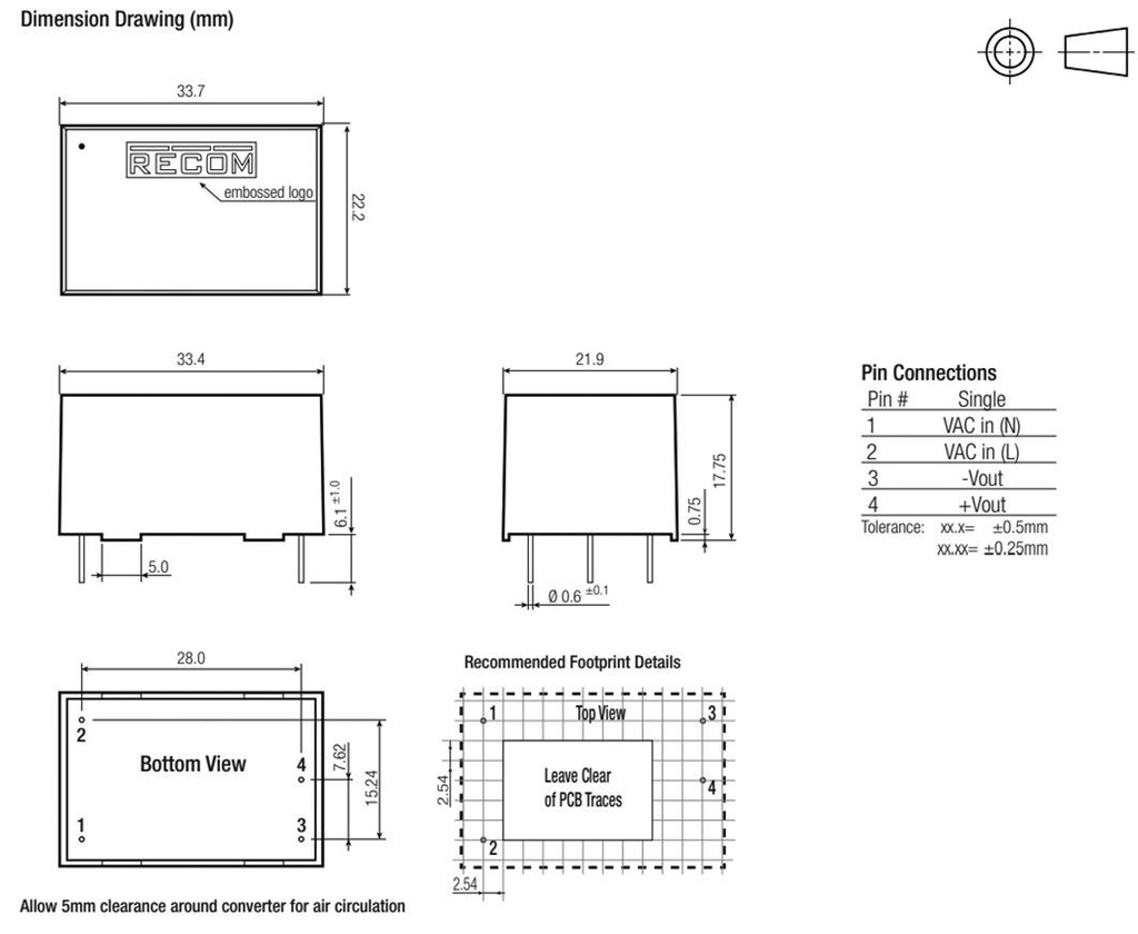 Converter: AC/DC; 1W; Uout: 9VDC; Iout: 111mA; 70%; Mounting: PCB