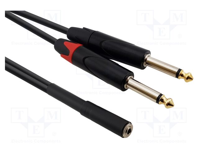 Cable; Jack 3.5mm socket,Jack 6,3mm plug x2; 9m; black; PVC