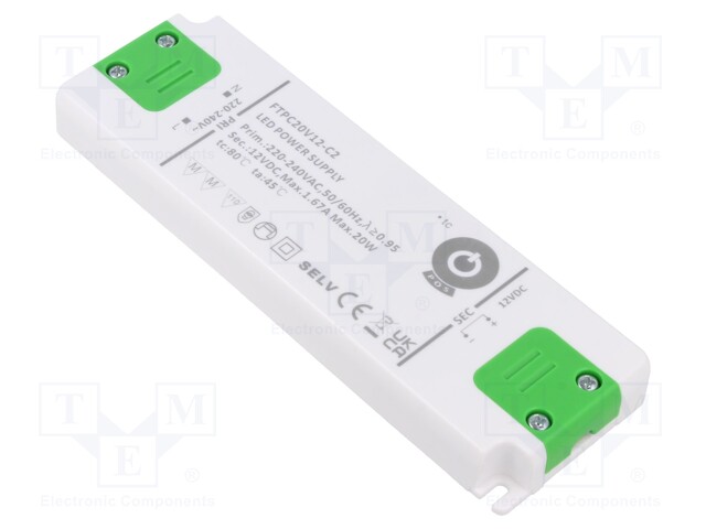 Power supply: switched-mode; LED; 20W; 12VDC; 1.67A; 198÷264VAC