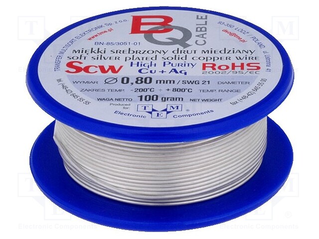 Silver plated copper wires; 0.8mm; 100g; 22m; -200÷800°C