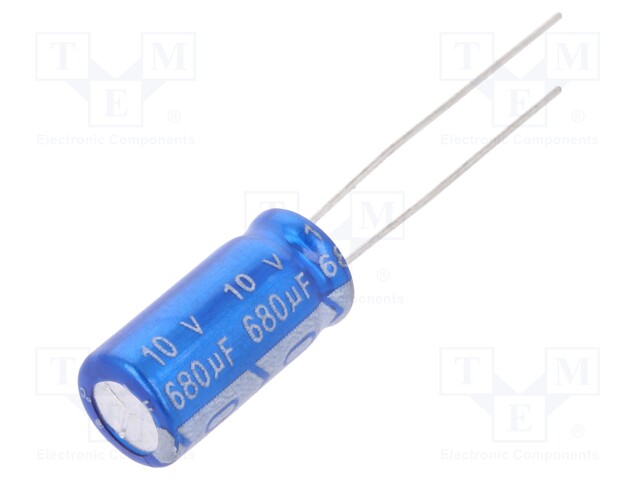Capacitor: electrolytic; THT; 680uF; 10VDC; Ø8x16mm; Pitch: 3.5mm
