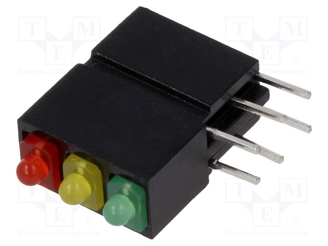 Circuit Board Indicator, Red, Yellow, Green, 3 LEDs, Through Hole, 2mm, R 20mA, Y 20mA, G 20mA