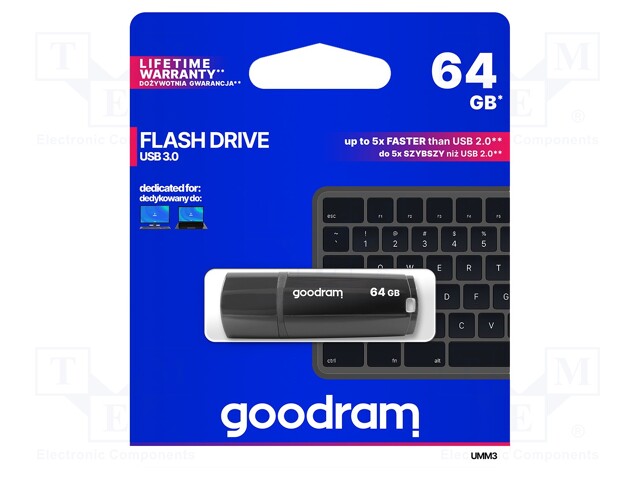 Pendrive; USB 3.0; 64GB; Read: 60MB/s; Write: 20MB/s; Colour: black