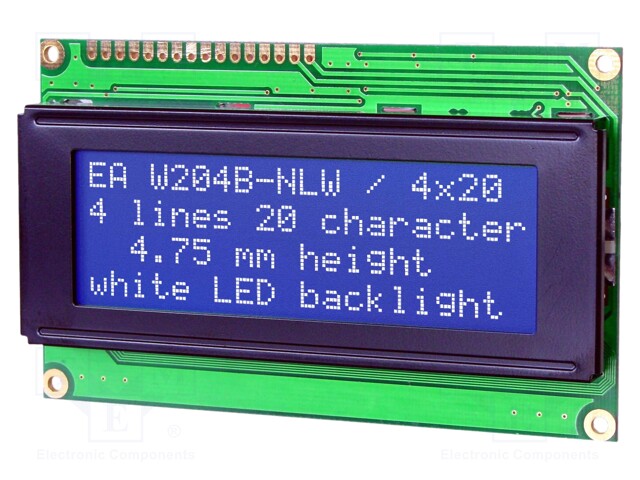 Display: LCD; alphanumeric; STN Negative; 20x4; blue; 98x60mm; LED