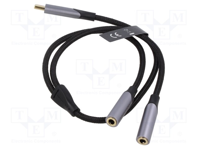 Cable; Jack 3.5mm socket x2,USB C plug; gold-plated; 0.3m; black