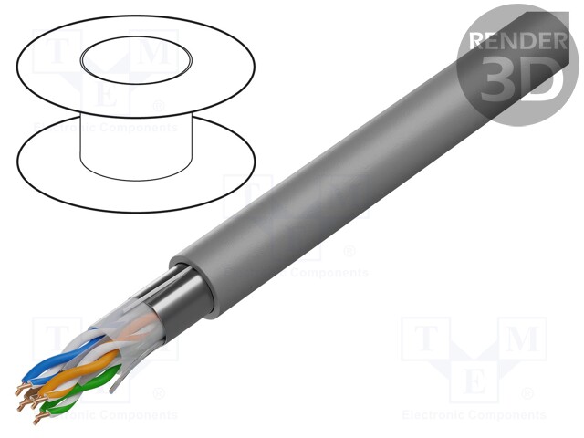 Wire; U/UTP; 6a; solid; Cu; 4x2x23AWG; LSZH; grey; 305m; Øcable: 7.2mm