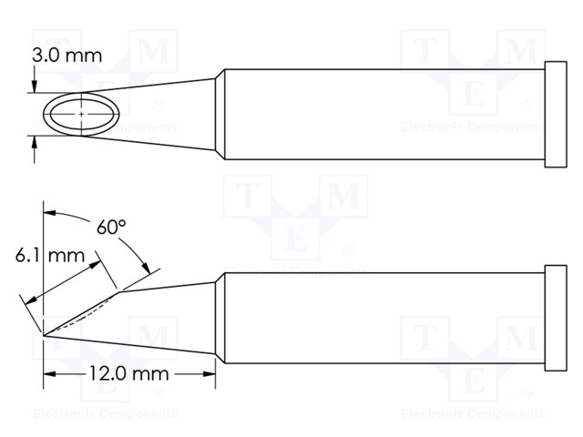 Soldering Tip, Hoof/Concave/60° Bevel, 3 x 12 mm, Soldering Station