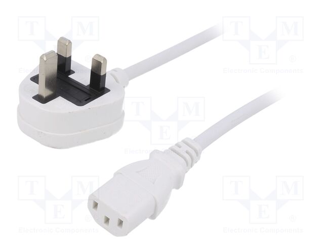 Cable; BS 1363 (G) plug,IEC C13 female; 5m; white; PVC; 3x1mm2; 3A