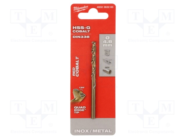 Drill bit; for metal; Ø: 4.8mm; high speed steel cobalt HSS-Co
