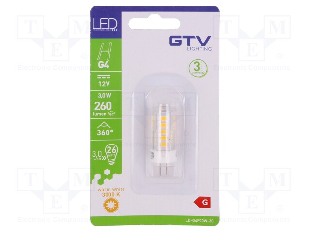 LED lamp; warm white; G4; 12VDC; 260lm; 3W; 360°; 3000K