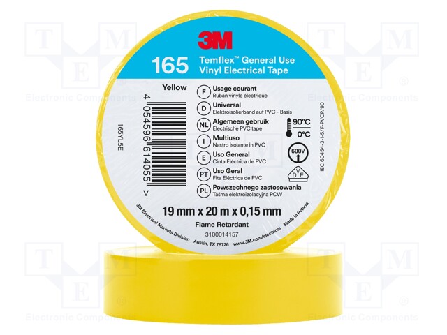 Tape: electrical insulating; W: 19mm; L: 20m; Thk: 0.15mm; yellow