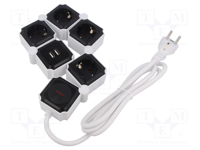 Plug socket strip: supply; Sockets: 4; 230VAC; 16A; white; 1.5m