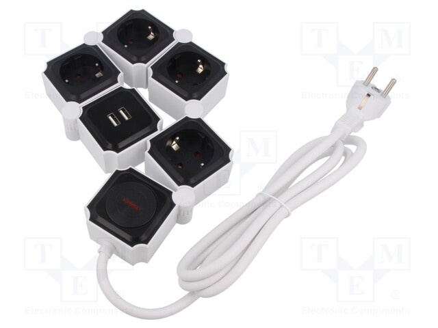 Plug socket strip: supply; Sockets: 5; 230VAC; 16A; white; 1.5m