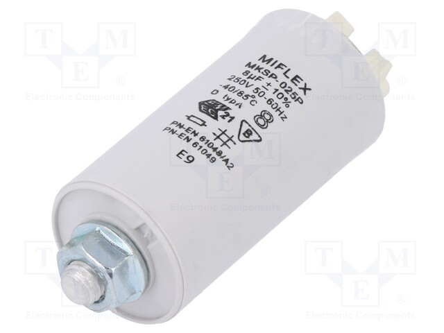 Capacitor: for discharge lamp; 8uF; 250VAC; ±10%; Ø30x70mm; V: 6
