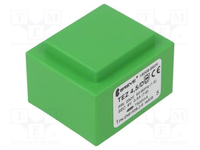 Transformer: encapsulated; 4.5VA; 230VAC; 9V; 500mA; Mounting: PCB