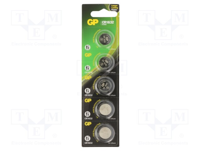 Battery: lithium; 3V; CR1632,coin; 140mAh; non-rechargeable; 5pcs.