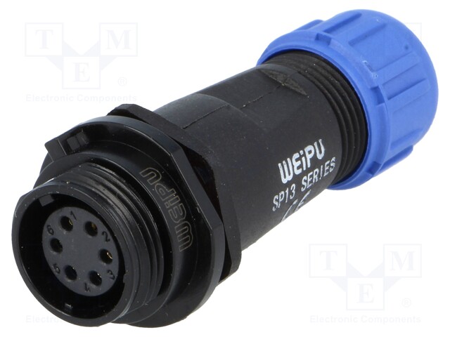 Plug; female; SP13; PIN: 6; IP68; 4÷6.5mm; 5A; soldering; for cable