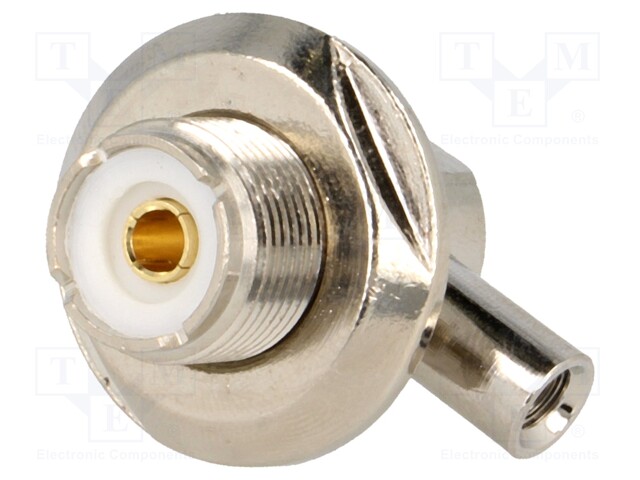 Socket; UHF (SO-239); female; angled 90°; RG59; twist-on