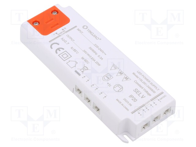 Power supply: switched-mode; LED; 20W; 24VDC; 833mA; 220÷240VAC