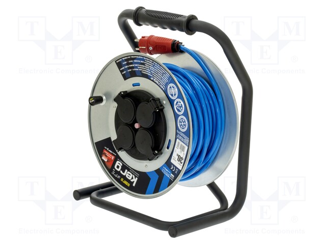 Extension lead; reel; Sockets: 4; PUR; blue; 3x1,5mm2; 30m; 16A