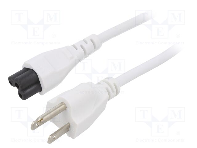 Cable; IEC C5 female,NEMA 5-15 (B) plug; PVC; 3m; white; 3x18AWG