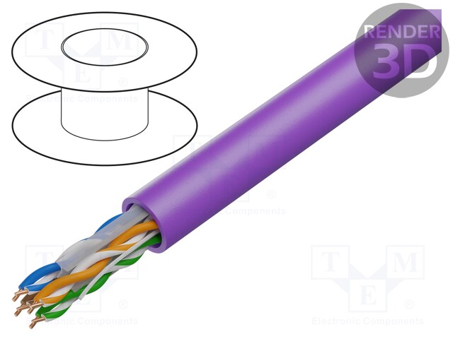 Wire; U/UTP; 6a; solid; Cu; 4x2x23AWG; LSZH; violet; 305m; 300V