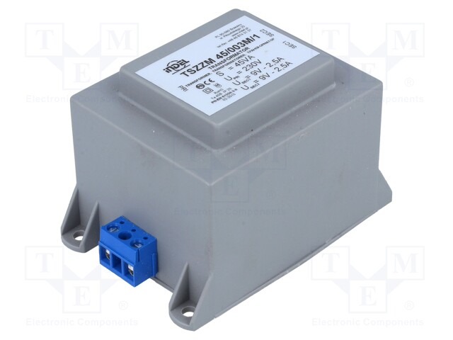 Transformer: encapsulated; 45VA; 230VAC; 9V; 9V; 2.5A; 900g; IP00
