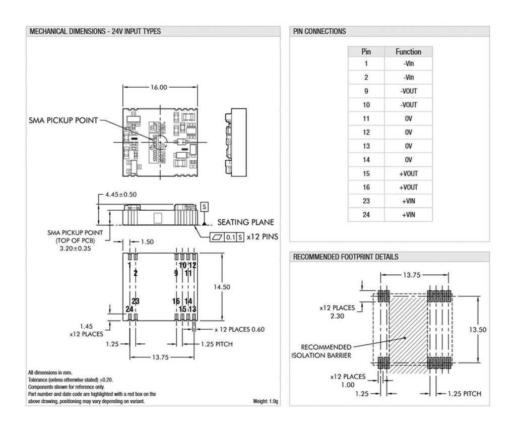 Converter: DC/DC; 1W; Uin: 24V; Uout: 15VDC; Uout2: -5VDC; Iout: 50mA