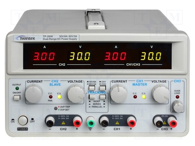 Power supply: laboratory; Channels: 3; 0÷30VDC; 0÷6A; 0÷60VDC; 0÷3A