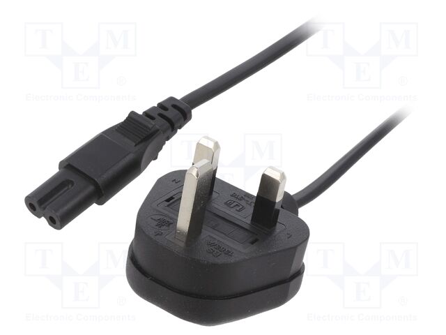 Cable; 2x0.75mm2; BS 1363 (G) plug,IEC C7 female; PVC; 1.8m; 3A