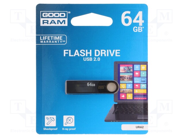 Pendrive; USB 2.0; 64GB; Read: 12MB/s; Write: 5MB/s; Colour: black