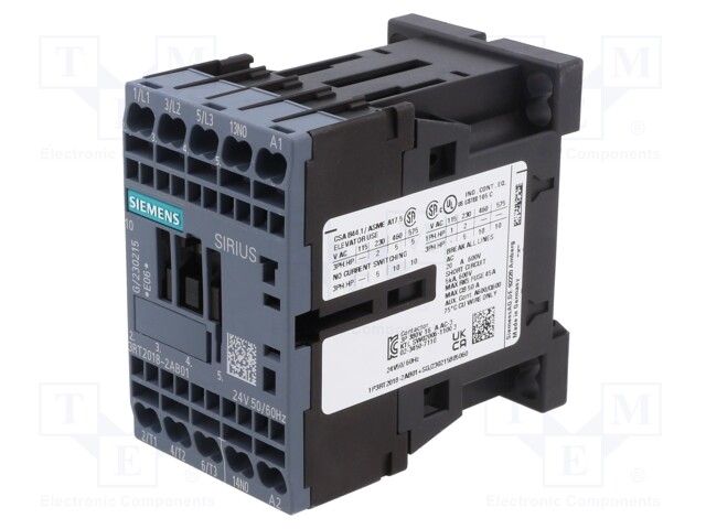 Contactor: 3-pole; NO x3; Auxiliary contacts: NO; 24VAC; 17A; 3RT20