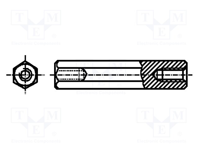 Screwed spacer sleeve; 7mm; Int.thread: M2,5; hexagonal; brass