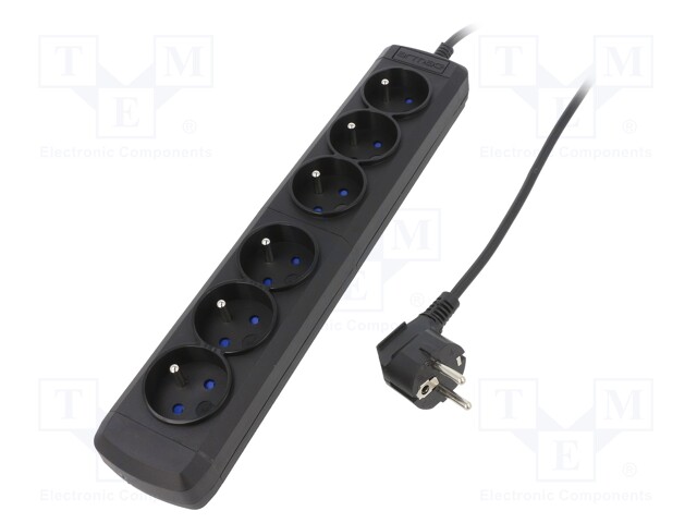Plug socket strip: supply; Sockets: 6; 250VAC; 10A; Colour: black