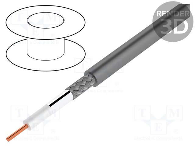 Wire: coaxial; RG174; 1x25AWG; solid; Cu; PVC; grey; 305m; 1000ft