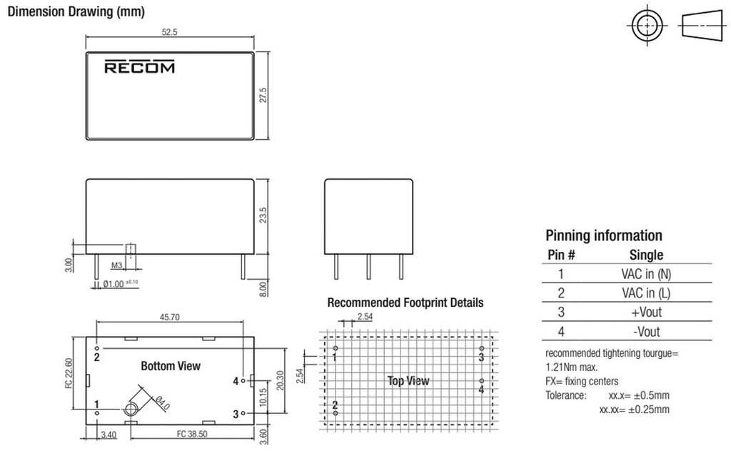 Converter: AC/DC; 20W; Uout: 12VDC; Iout: 1.66A; 82%; Mounting: PCB