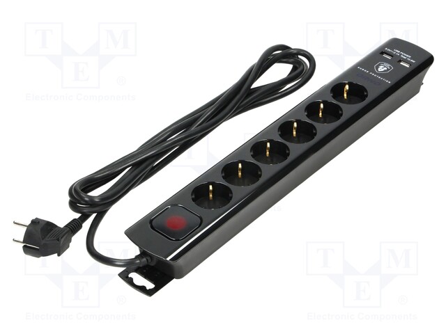 Plug socket strip: protective; Sockets: 6; 230VAC; 16A; black; 3m