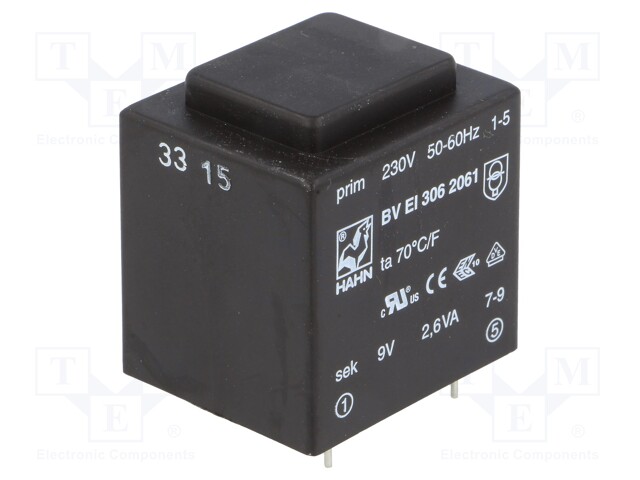 Transformer: encapsulated; 2.6VA; 230VAC; 9V; 289mA; Mounting: PCB