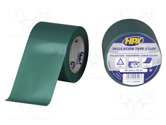 Tape: electrical insulating; W: 50mm; L: 10m; Thk: 0.19mm; green