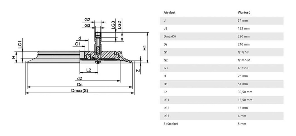 Suction cup; 210mm; G 1/2 F; Shore hardness: 60; 192cm3; SPU