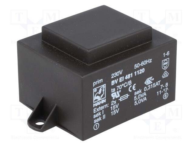 Transformer: encapsulated; 10VA; 230VAC; 15V; 15V; 333mA; 333mA