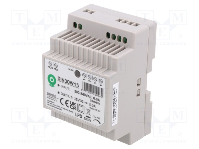 Power supply: switched-mode; 30W; 15VDC; for DIN rail mounting