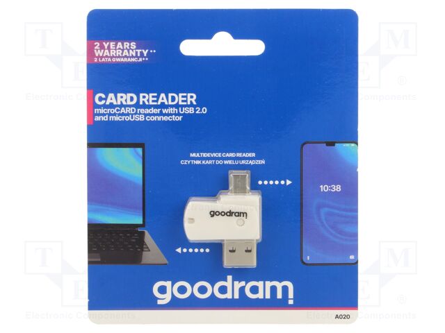 Card reader: memory; USB A plug,USB B micro plug; USB 2.0