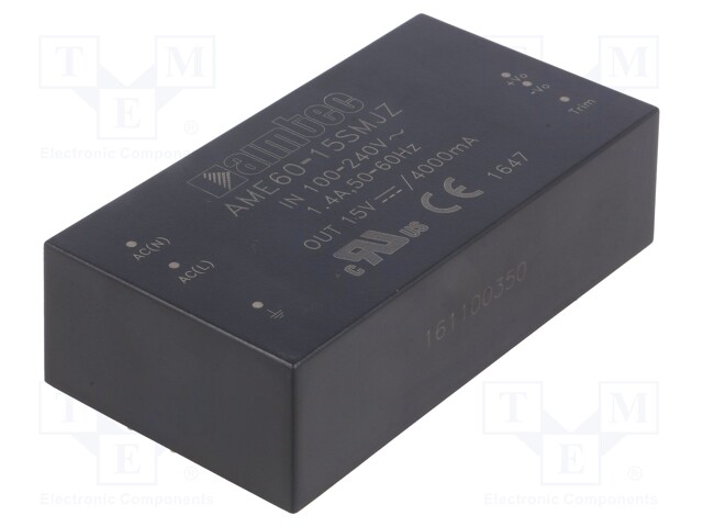 Converter: AC/DC; 60W; Uout: 15VDC; Iout: 4A; 86%; Mounting: PCB; 4kV