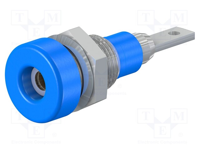 Socket; 2mm banana; 10A; 23mm; blue; soldered,on panel; insulated