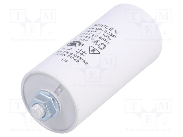 Capacitor: for discharge lamp; 40uF; 250VAC; ±10%; Ø45x95mm; V: 6