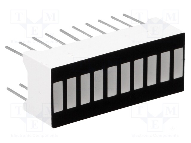 Display: LED; bargraph; green (5x) / yellow (3x) / red (2x)