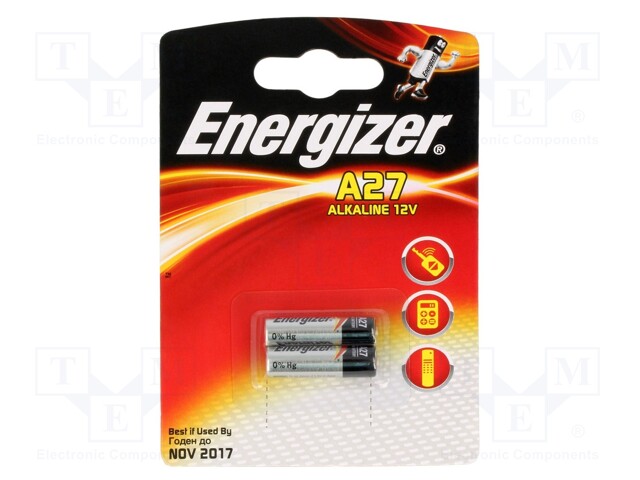 Battery: alkaline; 12V; 27A,8LR50,MN27; Batt.no: 2; Ø8x28mm