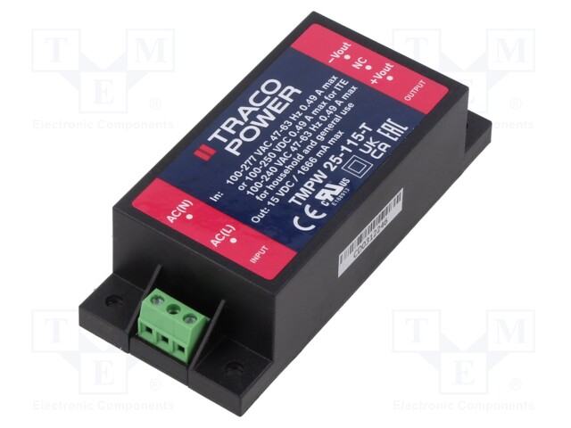 Power supply: switched-mode; for building in; 25W; 15VDC; 1666mA