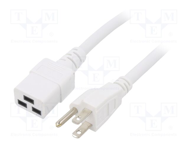 Cable; IEC C19 female,NEMA 5-15 (B) plug; PVC; 1m; white; 3x14AWG